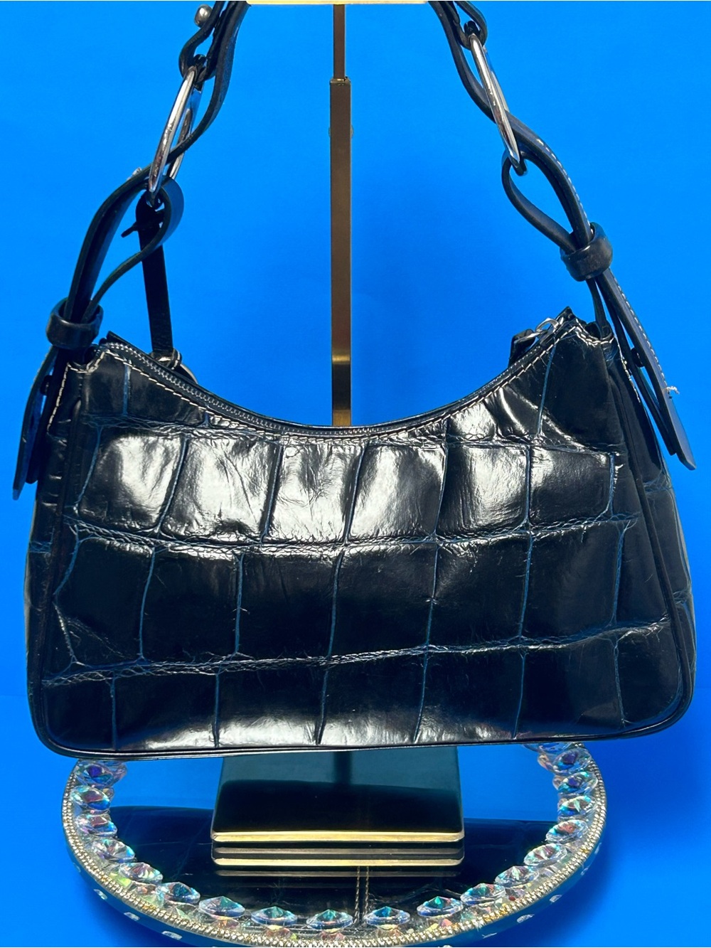 Dooney & Bourke Black w/Blue Croc-Embossed Accents Shoulder Bag Approx. 12x7x 4 - Picture 3 of 17